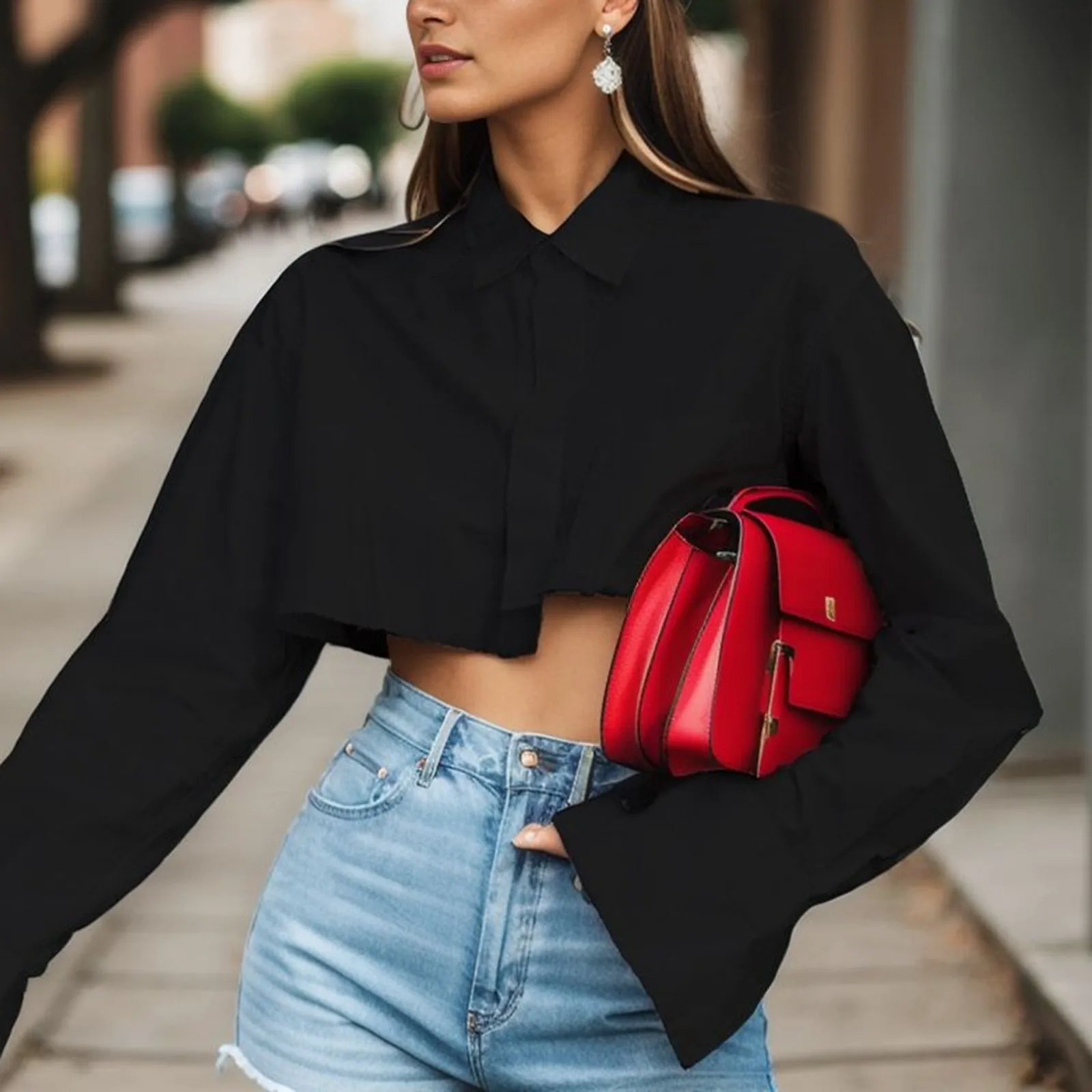 

Fashion White Crop Tops 2023 Blouses Women Elegant Flare Sleeve Asymmetry Black Shirts Blouses Streetwear Sexy Top Spring