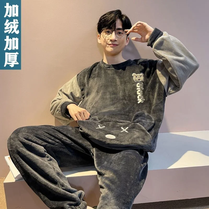 Pajamas Set Man Casual Sleepwear Thick Flannel Cartoon Full Length Pyjama Women's Winter Warm Fashion Homewear Big Siz