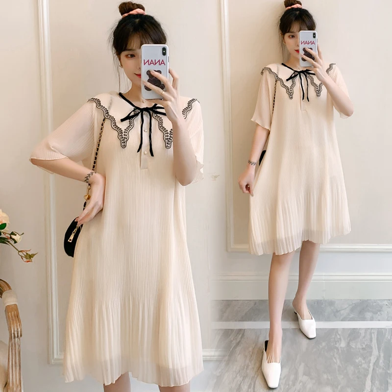 

6985# 2022 Summer Fashion Pleated Chiffon Maternity Dress Loose Straight Casual Clothes for Pregnant Women Sweet Pregnancy