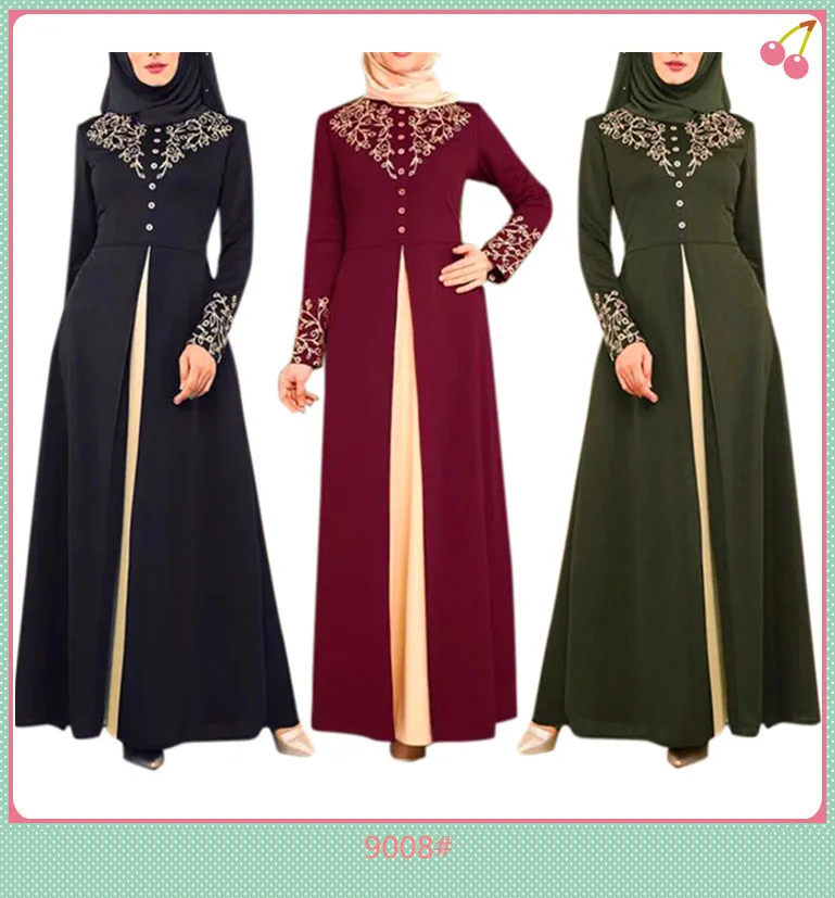 

Euramerican bronzing stitching long skirt Middle East contrast color slim temperament dress ladies Muslim clothing party