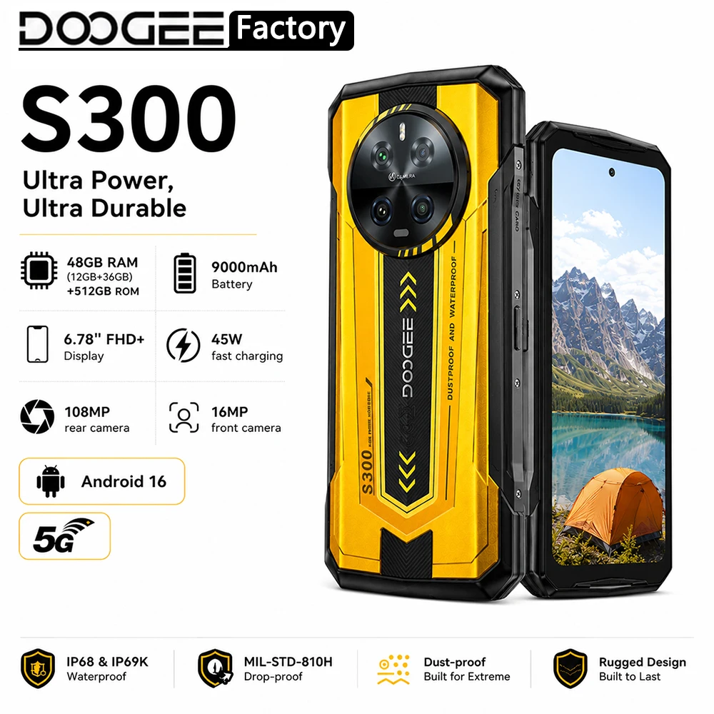 Фото Глобальная версия защищенного смартфона DOOGEE S300 5G на базе Android 16, 6,78-дюймовый FHD+ экран, Dimensity Mobile Phone, 48 ГБ (12+36)+512 ГБ памяти, аккумулятор 9000 мАч, 108 Мп, 45 Вт №1