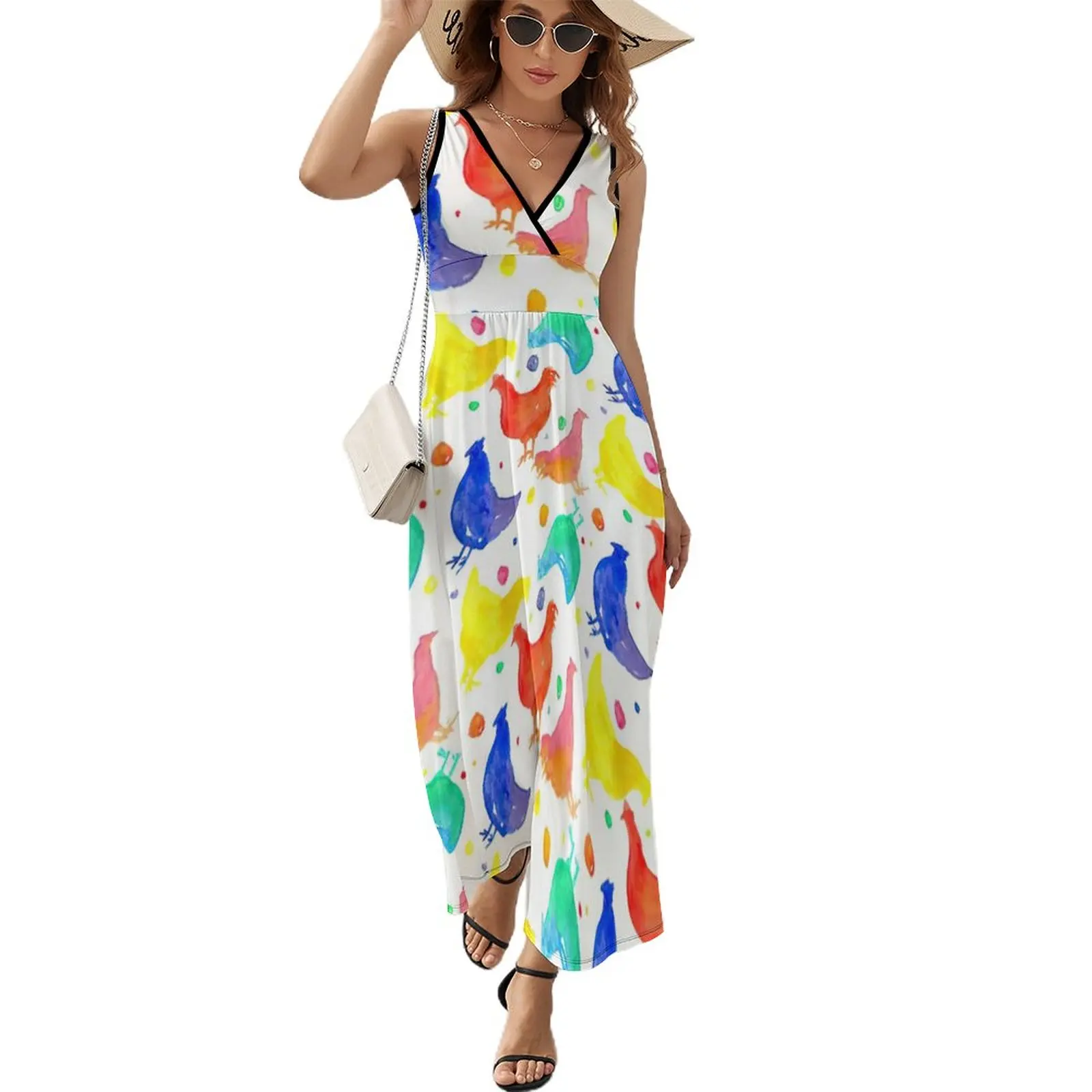 

Colorful Chicken Dress Watercolor Animal Print Cute Maxi Dress Boho Beach Long Dresses Summer Women V Neck Graphic Vestidos