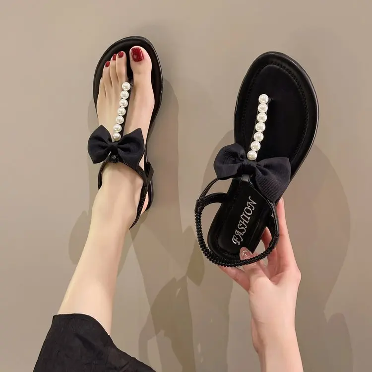 

2022 Sandals Low Heel Solid Color Beaded Ladies Sandals Comfortable Fashion Ladies Sandals Square Heel 35-40 Bow Ladies Slippers