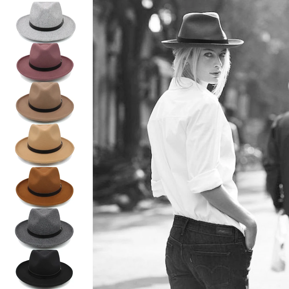 

Панама с широкими полями для мужчин и женщин, однотонная фетровая шляпа из смеси шерсти, в уличном стиле, для путешествий, в английском стиле...