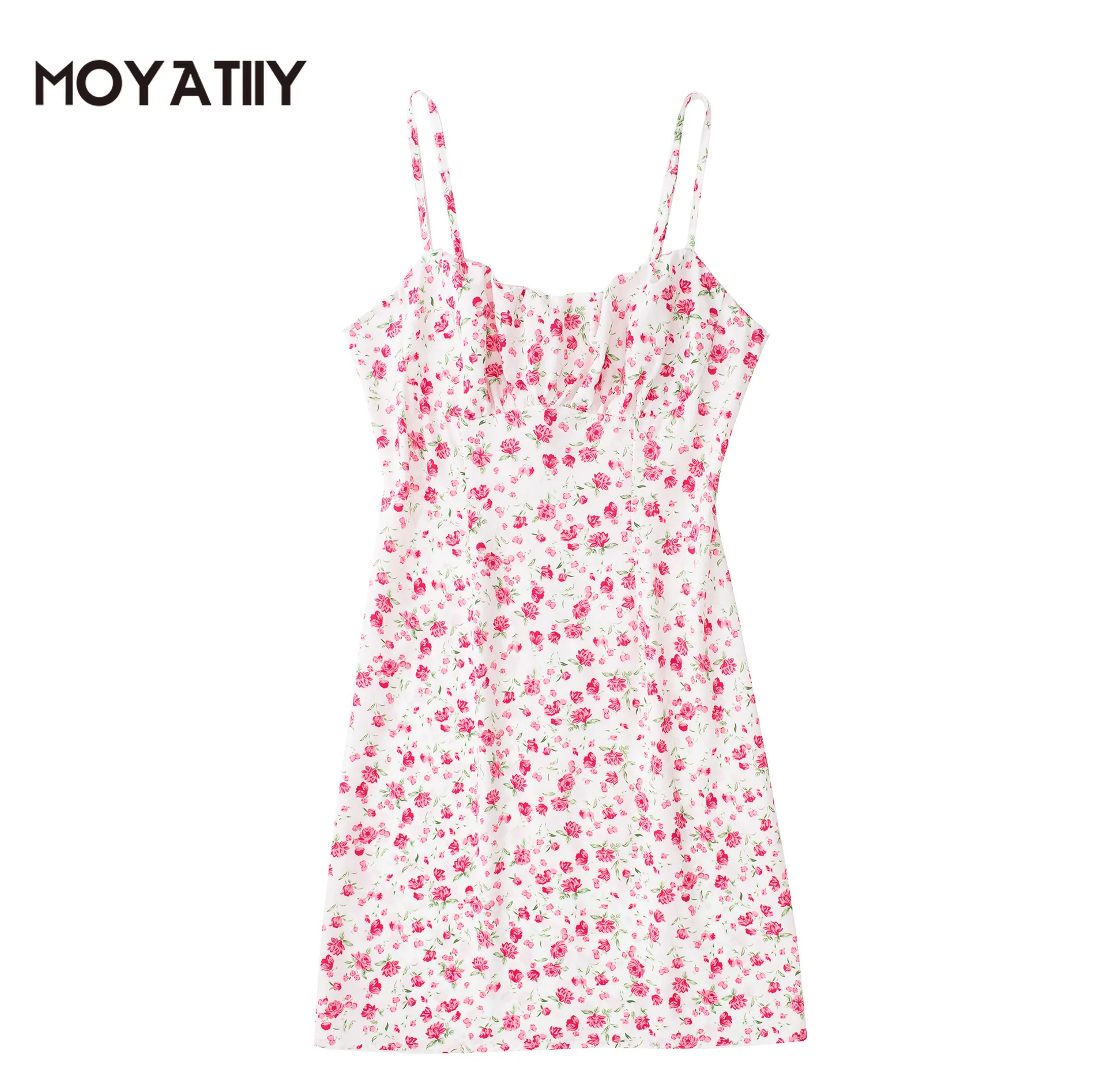 

MOYATIIY Women 2022 Fashion Summer Dress Sweet Girl Floral Print Rose Pattern Backless Dresses Back Zipper Female Vestidos