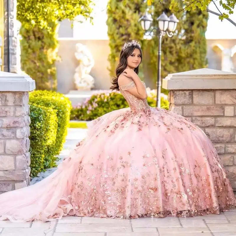 Pink Quinceanera Dresses Ball Gown Off The Shoulder Sequin Applique Lace Flower Beaded Crystal Tull Sweet 16 Dress Vestidos De