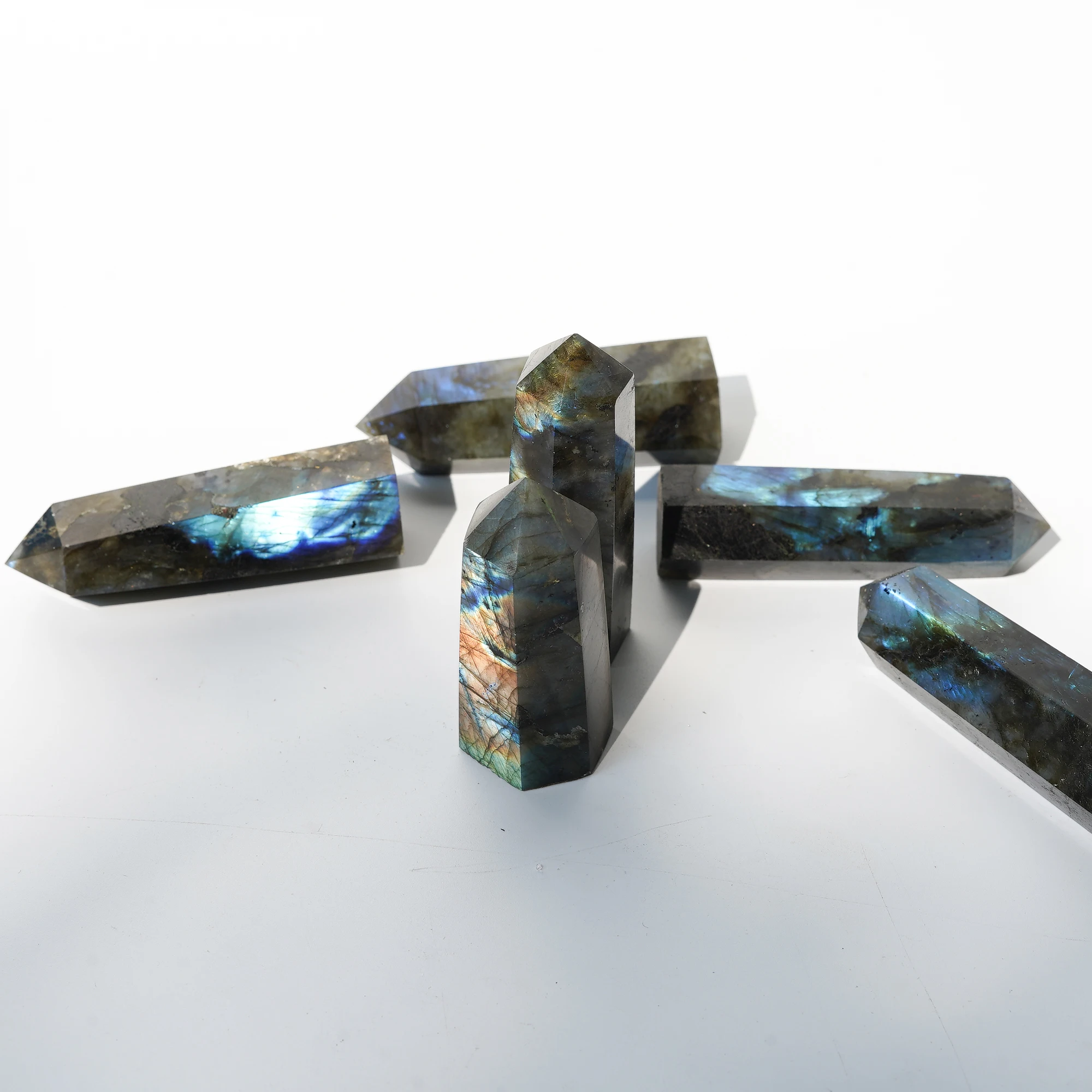 

Natural Flashed Labradorite Crystal Tower Energy Healing Stone Polished Crafts Quartz Hexagonal Column Room Decoration Gift