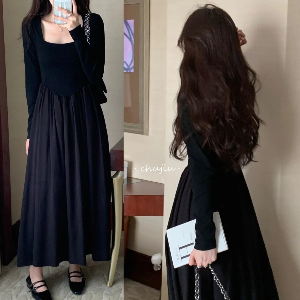 

Женское платье с квадратным вырезом, облегающее Черное Платье макси с длинным рукавом и драпировкой, осень 2022