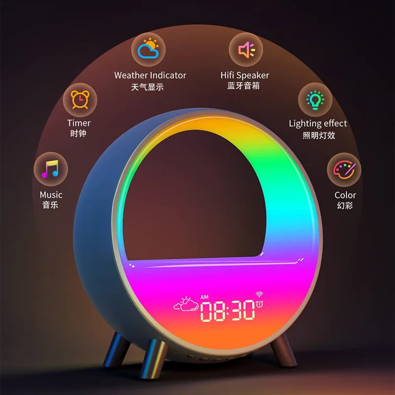 

Led Wake Up Light Alarm Clock 7 Color Atmosphere Lights Bluetooth Speaker Desktop Clocks Weather Display Bedroom Bedside Lamp D