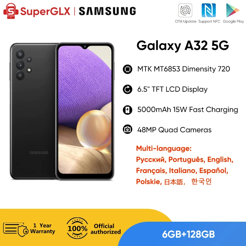 

Original Samsung Galaxy A32 5G Smartphone MediaTek MT6853 Dimensity 720 5000mAh Battery 15W Fast Charging 48MP Quad Cams Phone