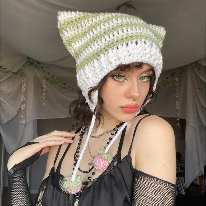 Cute Devil Horn Knitting Striped Beanie Hat 2023 Autumn Winter Knitted Wool Caps Girl Cat Ear Pointed Pullover Women Bonnet Hats