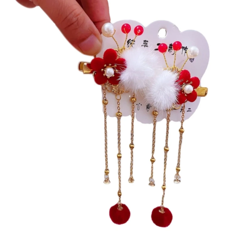 U2JF жемчужные цветочные заколки для волос кисточка пушистый шар заколка