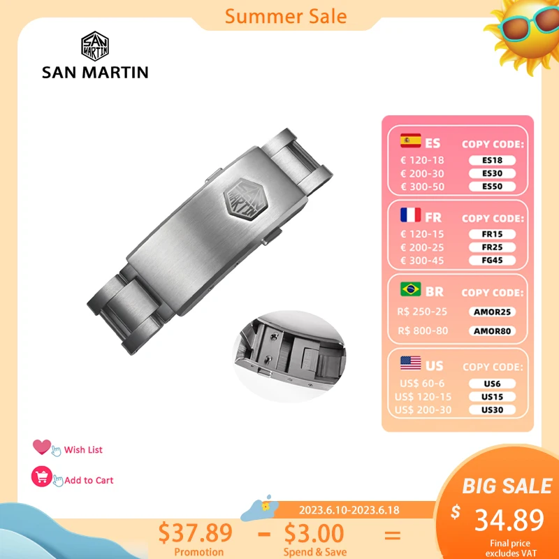 San Martin New Fly Adjustable Clasp Suitable For 16mm Buckle 316L Stainless Steel Strap Polished Buckle Watch Parts