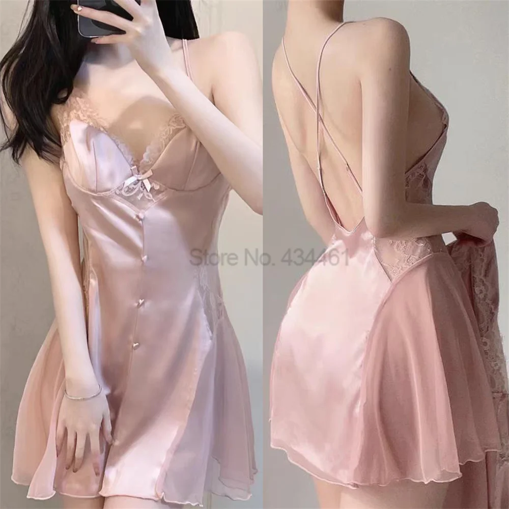 

Satin Nightgown Women Sleep Dress Spaghetti Strap Kimono Dressing Gown Sexy V-Neck Sleepwear With Buttons Summer Nightdress