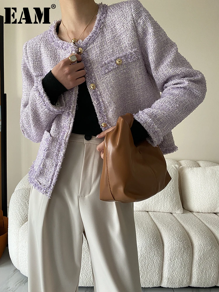 

[EAM] Loose Fit Purple Pockets Tassels Tweed Jacket New O-neck Long Sleeve Women Coat Fashion Tide Spring Autumn 2023 1DF5614