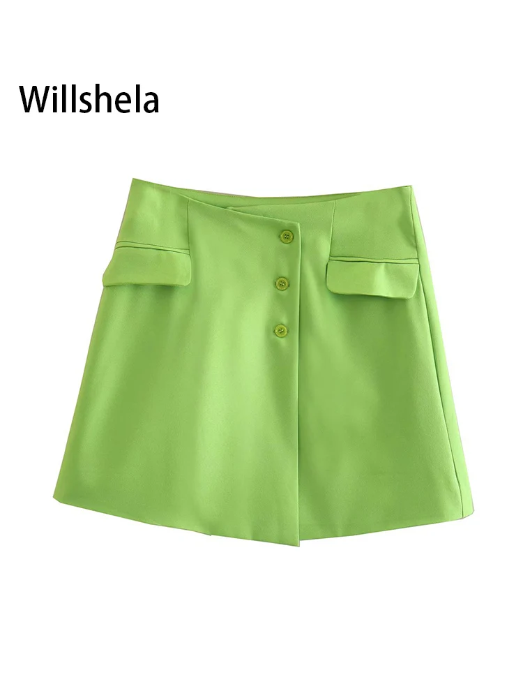 

Willshela Women Fashion With Pockets Solid Fronted Button Mini Skirts Vintage High Waist Female Chic Lady Skirt