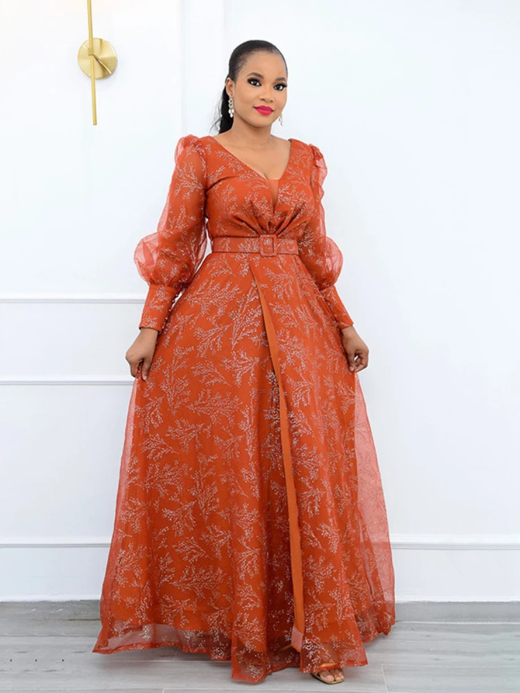 

Женское Прозрачное платье макси из тюля, элегантное вечернее платье из тюля с принтом, глубоким V-образным вырезом, длинным рукавом, поясом н...