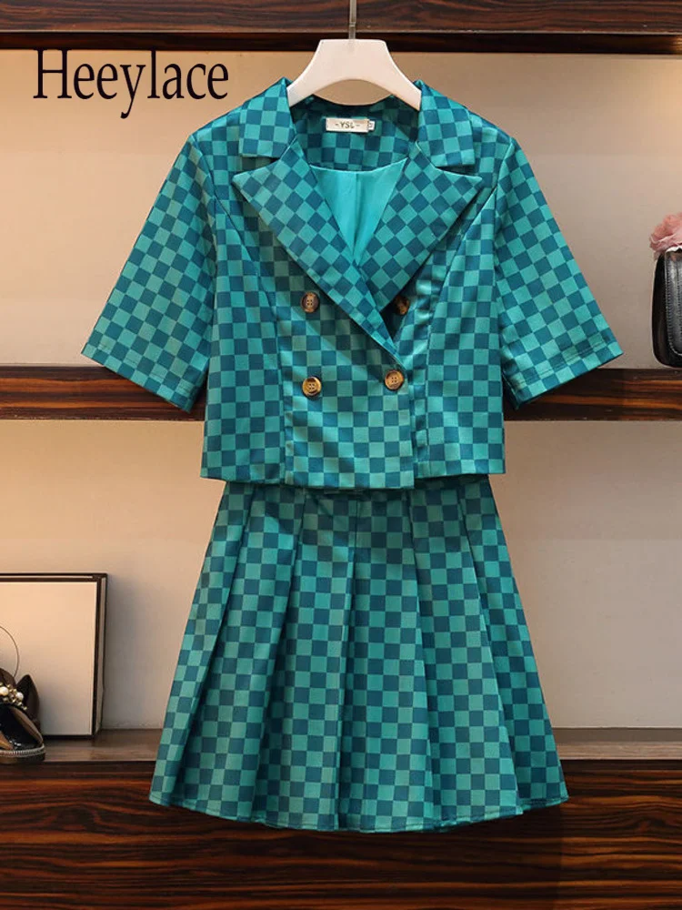 

Женский офисный комплект из двух предметов, элегантный клетчатый топ с V-образным вырезом и коротким рукавом и плиссированная юбка, лето