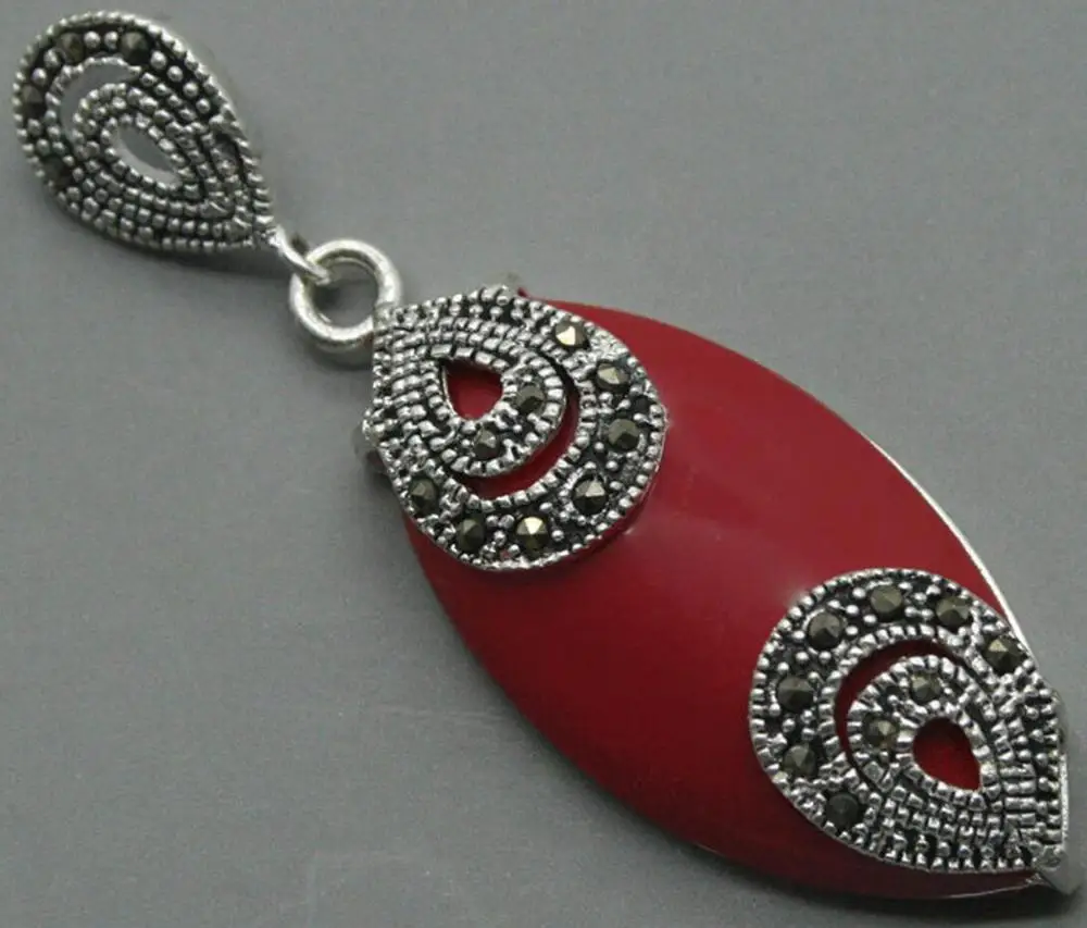 

Fashion jewelry Free Shipping 925 STERLING SILVER RED CORAL MARCASITE NECKLACE PENDANT 18x40MM