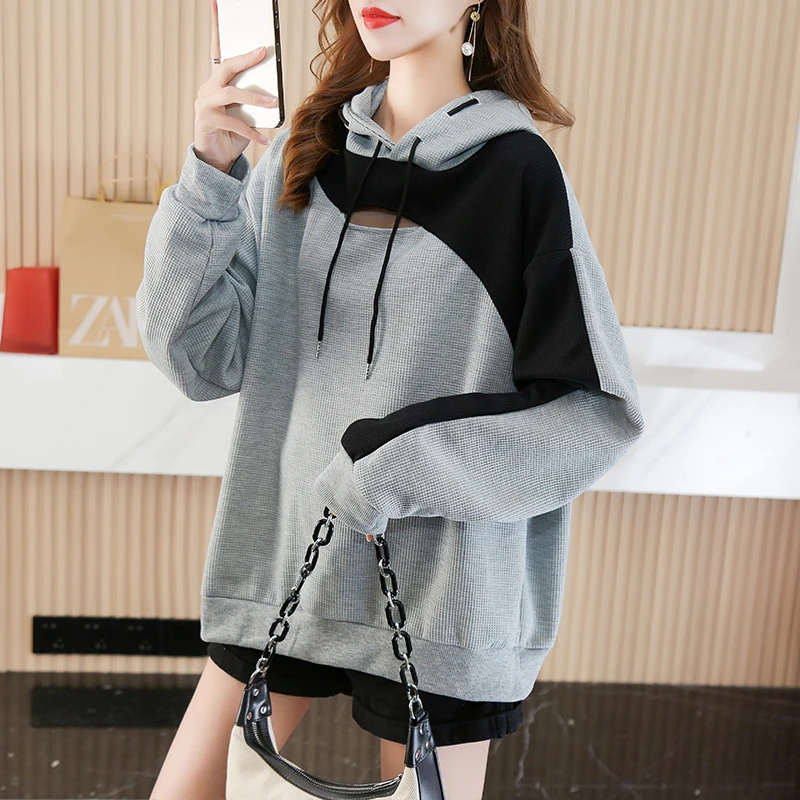 

korean hoodies women y2k clothes Harajuku oversized hoodie tops Female Color stitching Long Sleeve hollow out hooded Sweatshirts