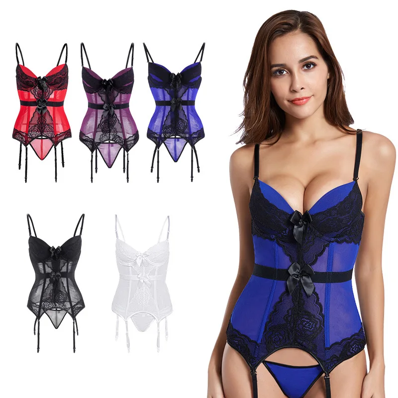 

Womens Sexy Bustier Vintage Corsets Removable Spaghetti Straps Bowknot Padded Cup Corsets with G String