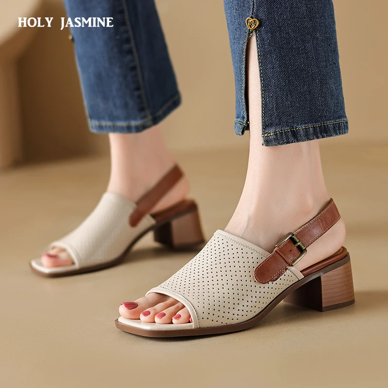 

Classic Retro Women Sandals 2023 Summer New Basic Thick Heels Office Lady Working Casual Genuine Leather Pumps Shoes Woman Pumps