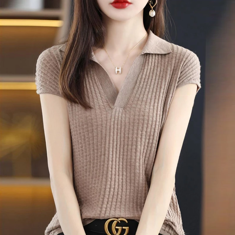 

Women's POLO Collar Fine Wool Knitted Short Sleeve Checkered V-Neck Summer Outwear T-Shirt Loose Spring And Autumn Underwear