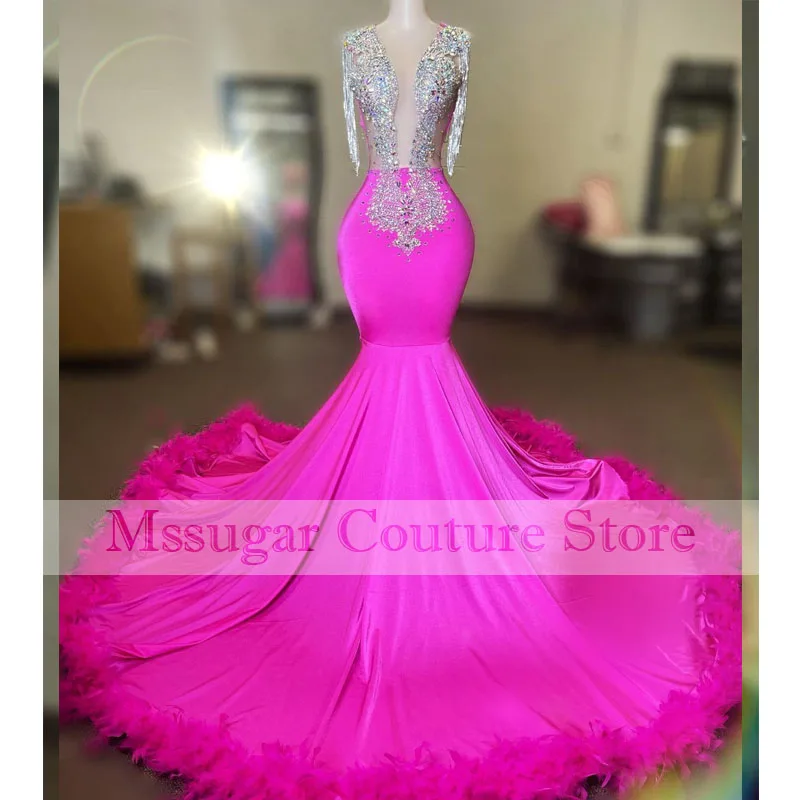 

Aso Ebi Hot Pink Feathers Prom Dresses Crystal Sheer Neck Mermaid Party Gowns Sheer Neck Long Graduations Party Wear