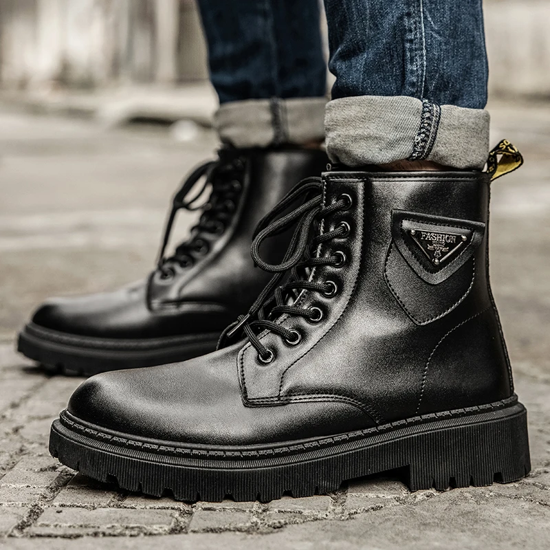 

Мужские кожаные ботинки в стиле панк, черные кроссовки с высоким берцем