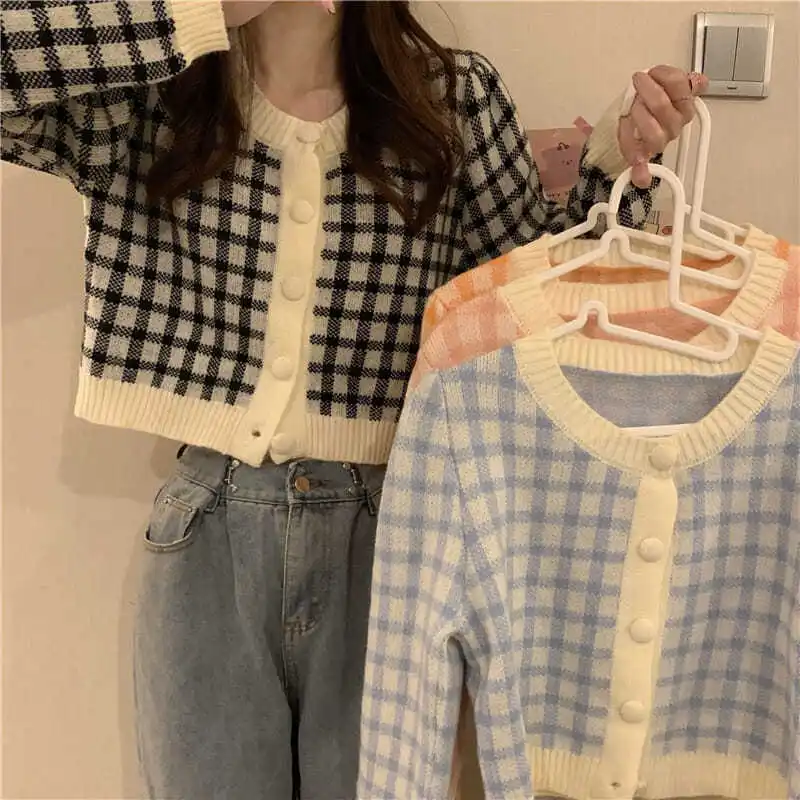 

Vintage Slim Cardigan Sweater Woman Fashion Plaid Knit Spring Autumn Cropped Cardigans Women Top Long Sleeve O Neck Casual 161BP
