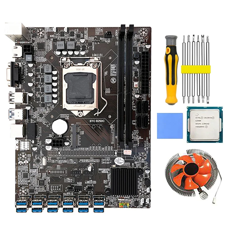 B250C BTC Mining Motherboard With G3900 CPU+Thermal Pad+Fan+Screwdriver 12 USB3.0 Slots LGA1151 DDR4 RAM SATA3.0+MSATA