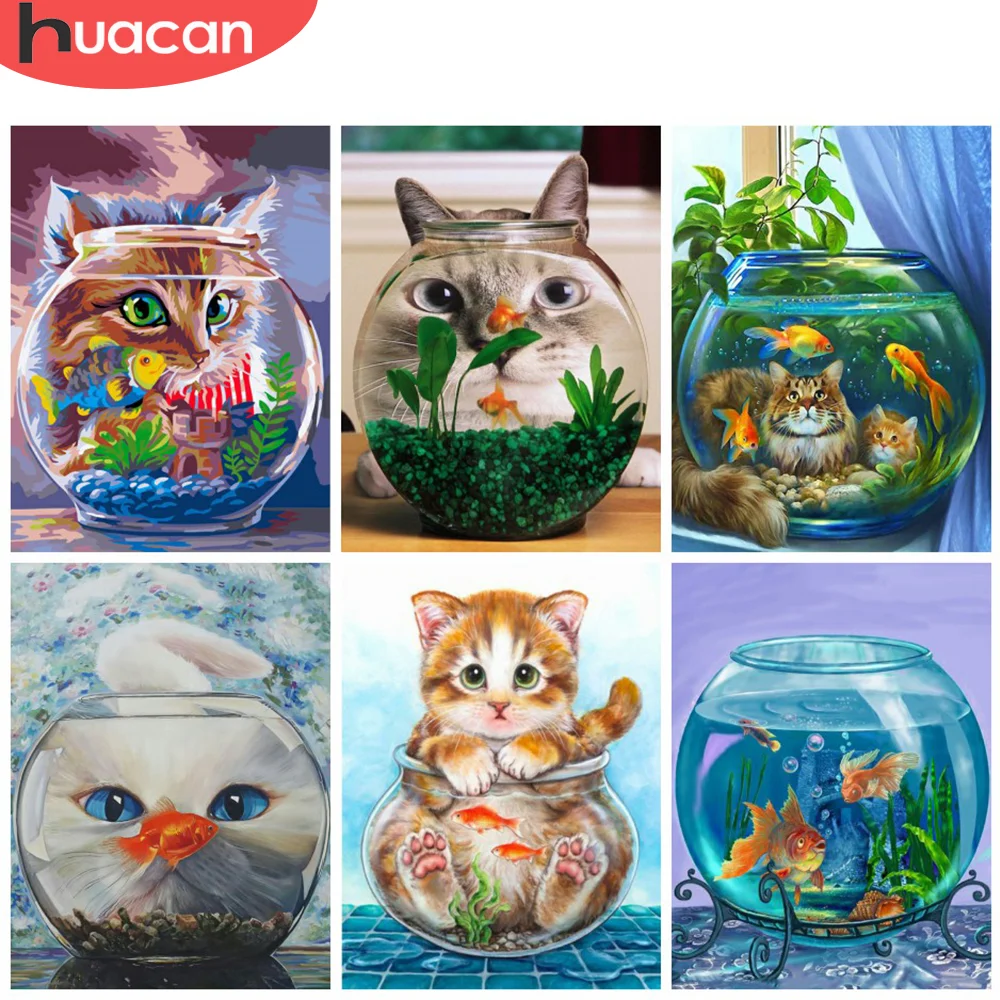 

HUACAN Бриллиантовая мозаика с животным Cat 5D DIY алмазная живопись Fish Tank Полный Набор для вышивки настенные картины
