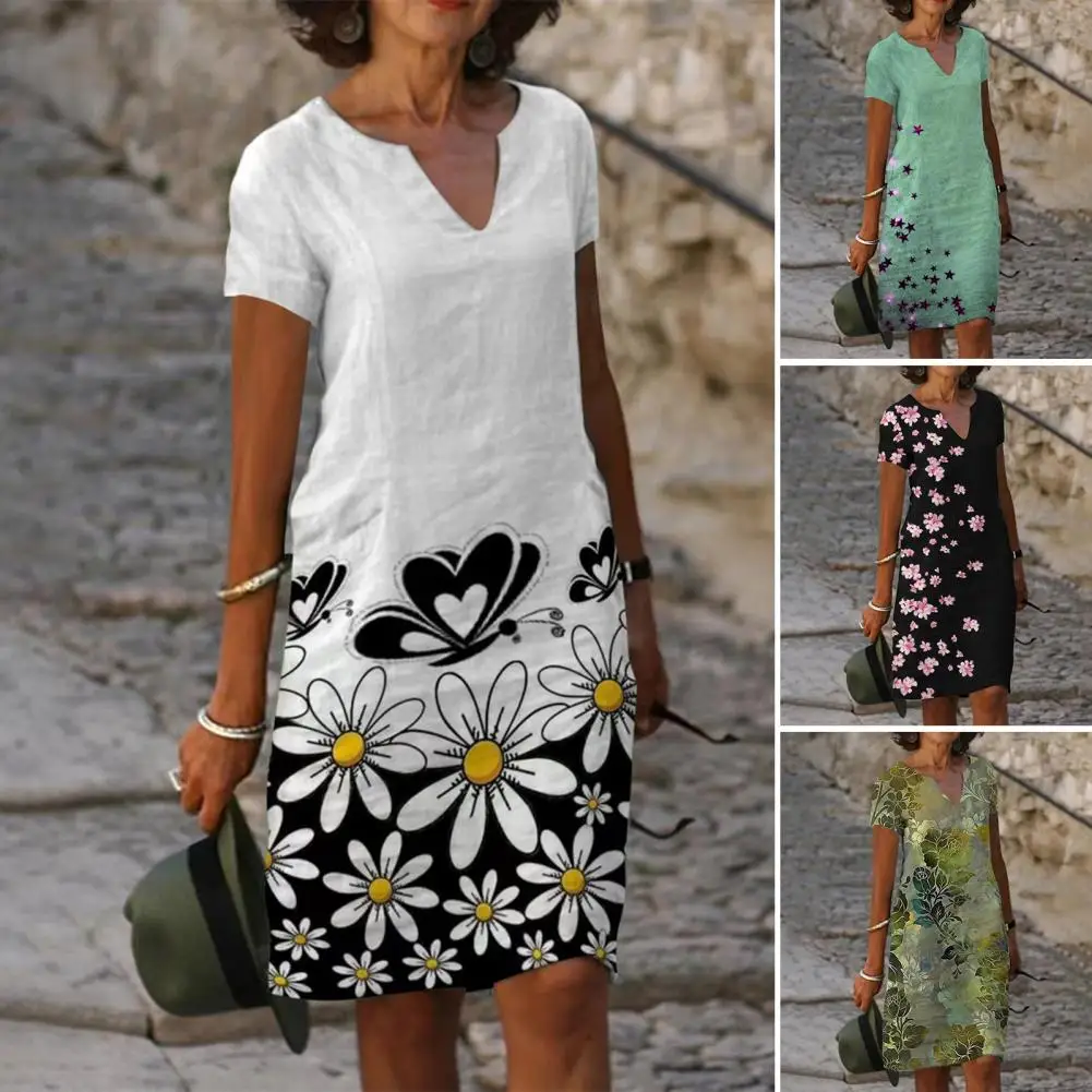 

Женские платья 2023 с V-образным вырезом и коротким рукавом, Свободные повседневные женские платья выше колена с цветочным принтом для повседневной жизни