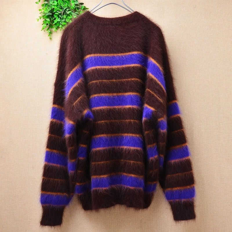Повседневный Модный женский полосатый пушистый осенне-зимний вязаный пуловер из