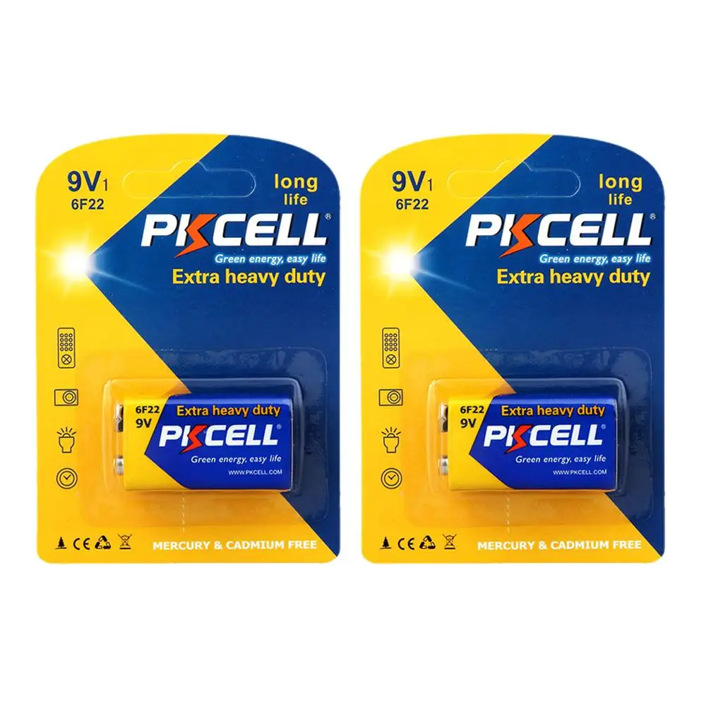 

2Pack PKCELL 9V 6F22 Primary Battery 6LR61 Super Heavy Duty battery as PP3 6F22 6LR61 MN1604 9v electronic thermometer battery