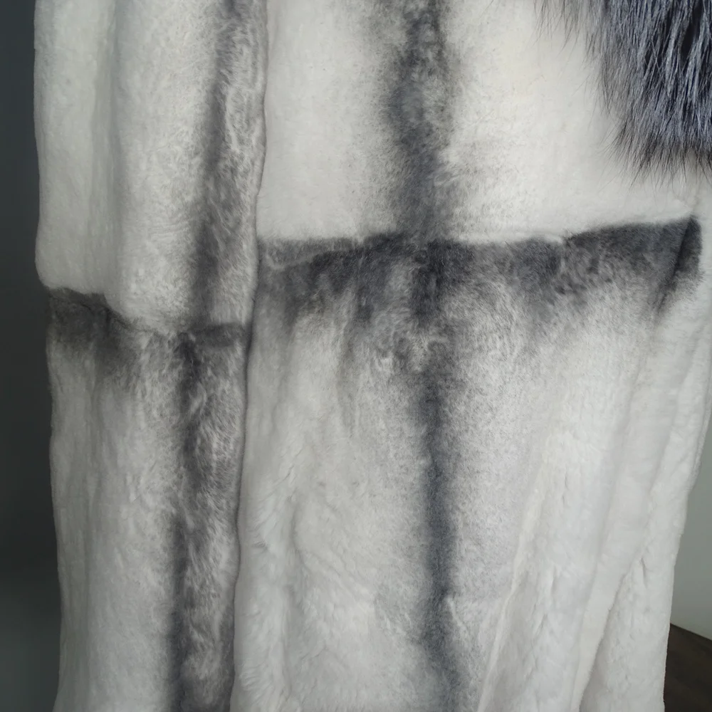 Winter Women Luxury Lexus Rex Rabbit Fur Coat Long Real Fur Coat Large Silver Fox Fur Collar Thick Warm Fashion Streetwear