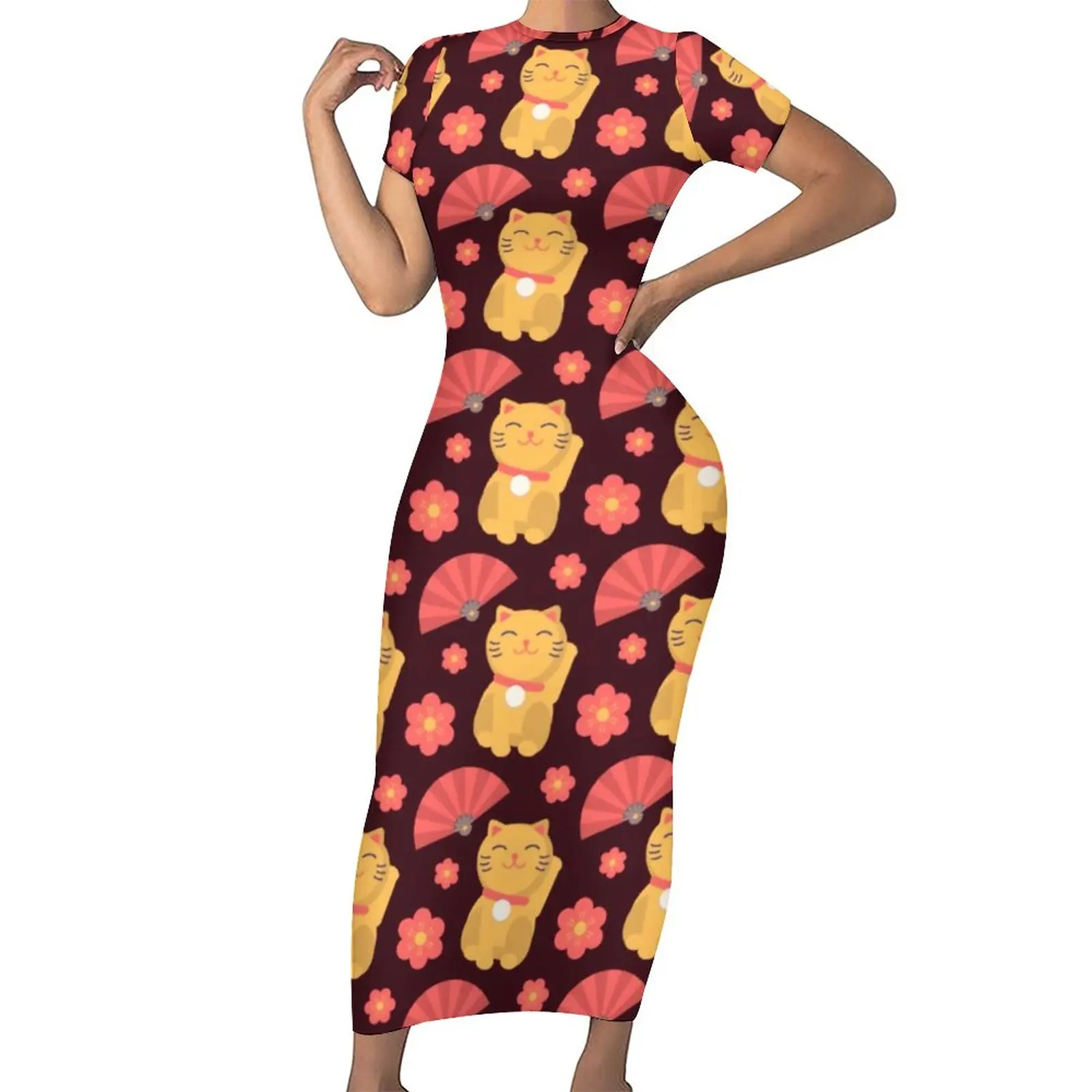 

Japanese Anime Dress Womens Cute Cats Print Street Fashion Bodycon Dress Summer Short Sleeve Cute Maxi Dresses Oversize Vestidos