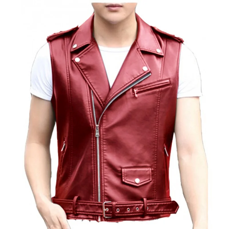 

The New Brief Paragraph Cultivate One's Morality Punk Locomotive Vest Inclined Zipper PU Leather Jacket