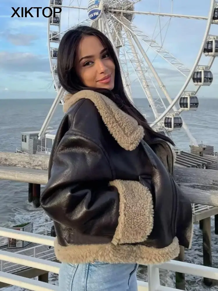 Xiktop Cashmere Locomotive Jacket Women Loose Long Sleeve Zipper Thick Coats Autumn Winter Vintage Warm Female Short Jacket Coat