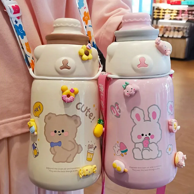 

Kawaii Jumbo Stainless Steel Thermos Water Bottle With Straw Sticker Cute Thermal Bottle Kids Girl Vacuum Flask For School Gifts