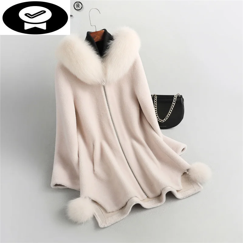 

Hooded Real Sheep Autumn Shearing Coat Female Winter 2023 Fox Fur Collar Jacket Women's Clothing Jaqueta Feminina Gxy661