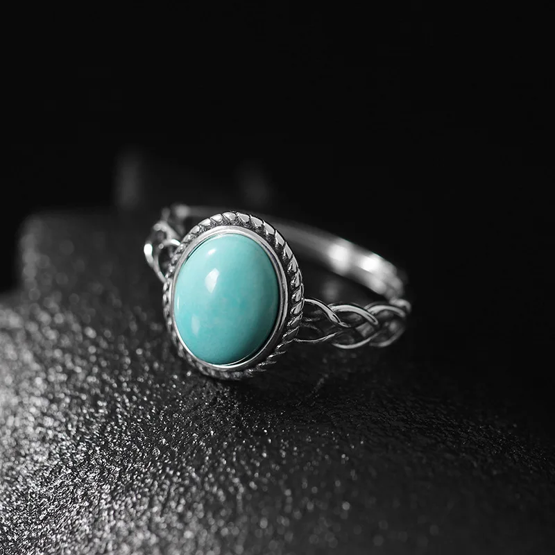 

Kinel Real 925 Sterling Silver Original Certified 12.7x11.2MM Natural Turquoise Ring For Women Vintage Simple Old Make Desgin