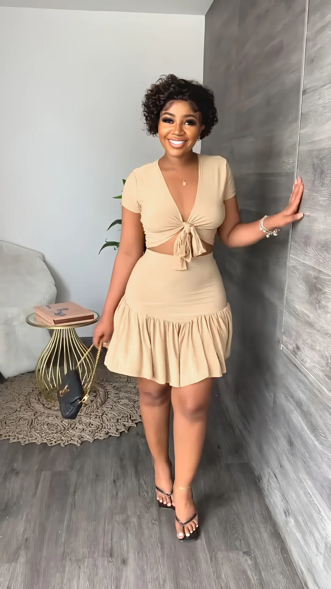 

Summer Two Piece Set Women Fashion Solid V-neck Lace-up Short-sleeved Top Ruffled A-line Skirt Two Piece Suit Women