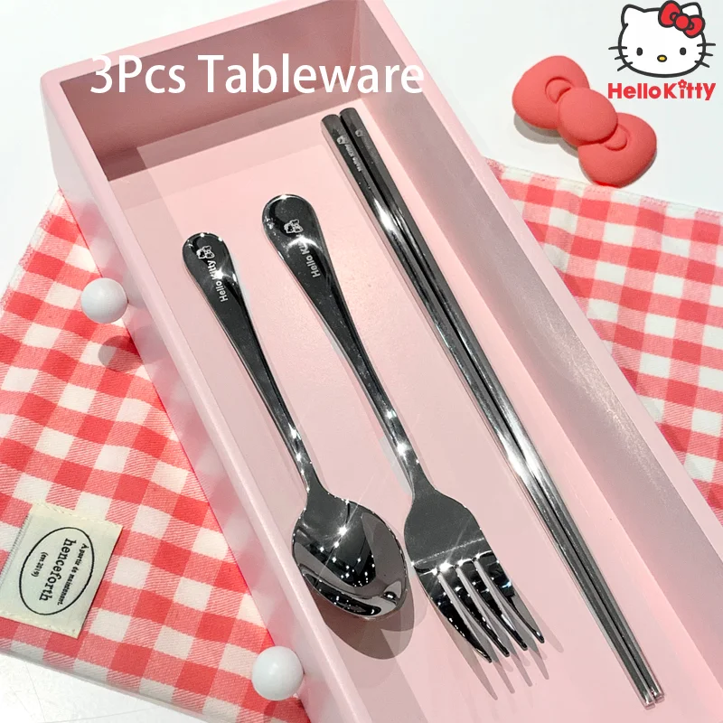 

Sanrio Hello Kitty Portable Spoon Fork Chopsticks Three-piece Cartoon Anime 304 Stainless Steel Tableware Student Dinnerware Set