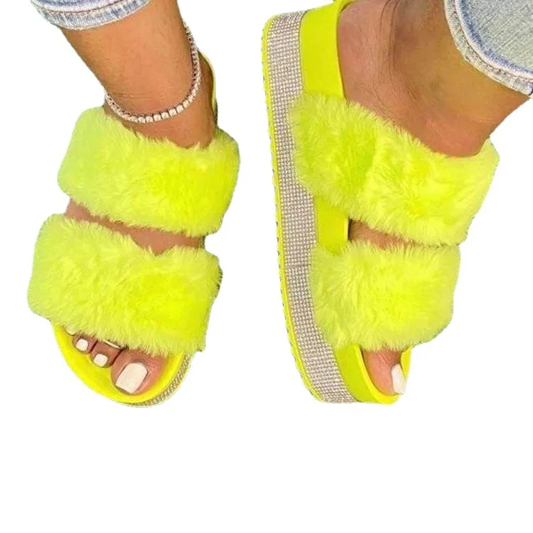 Women's Slippers Outdoor Rhinestone Fashion Casual Shoes for Women Lightweight Mid-heel Plush Slippers Plus Size 36-43
