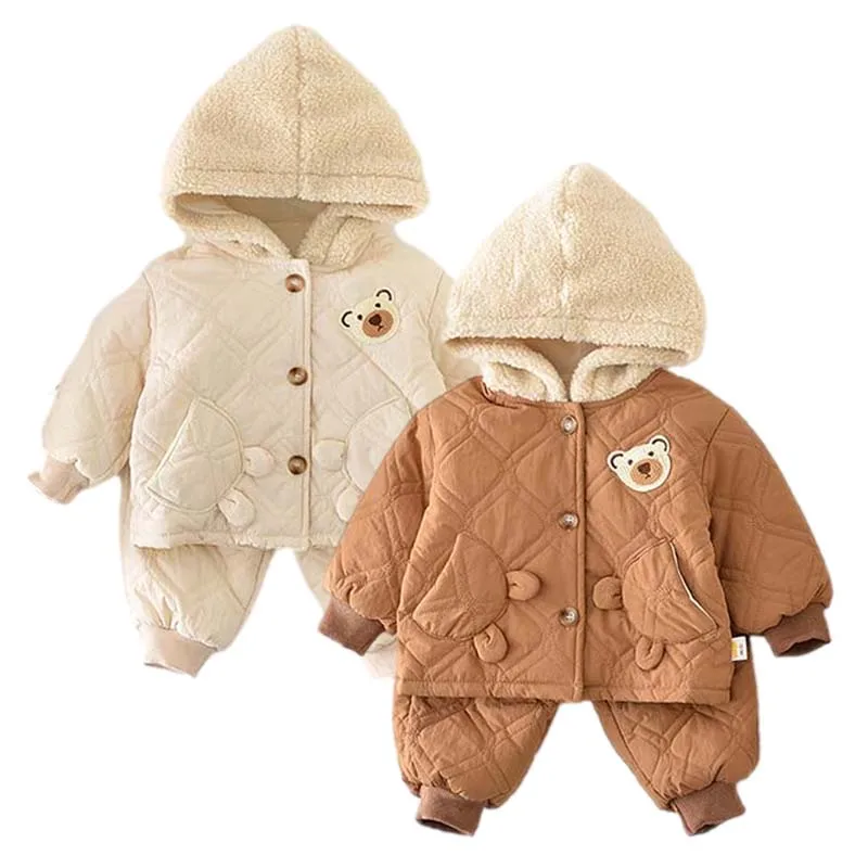 

Winter Baby Clothes Set Cute Bear Hooded Coat Pant Suit Korean Kids Boys Girls Cotton Clothes Toddler Infant Thicken Warm Outfit