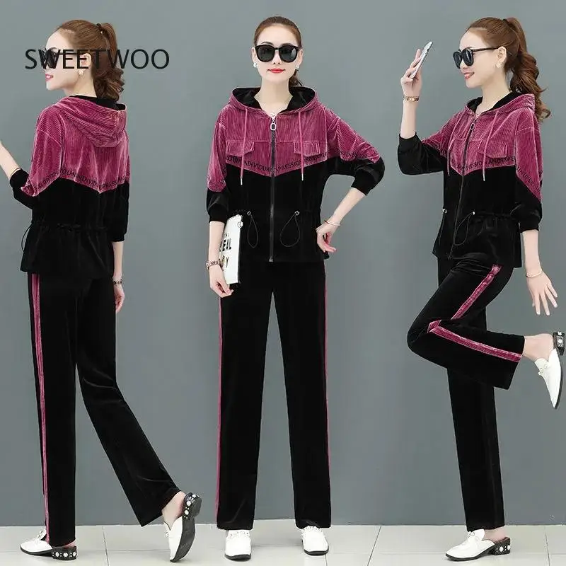 Contrast Color Spliced Velvet Tracksuit Women  Casual 2 Piece Set 2022 Fall New Hooded Zip Up Jacket and Sweatpant Suit