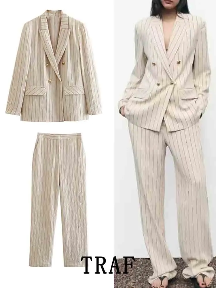 

TRAF Women's Suit Pant Sets Woman 2 Pieces New Fashion Stripe Office Blazers Coat Women Pants Suit 2023 Spring Womens Outfits