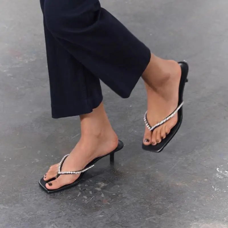 DMZA 2024 новые летние шлепанцы на высоком каблуке со стразами и бисером простой