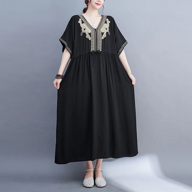 

Женское платье с цветочной вышивкой, свободное повседневное офисное платье с V-образным вырезом, платье для работы и путешествий, весна-лето 2023